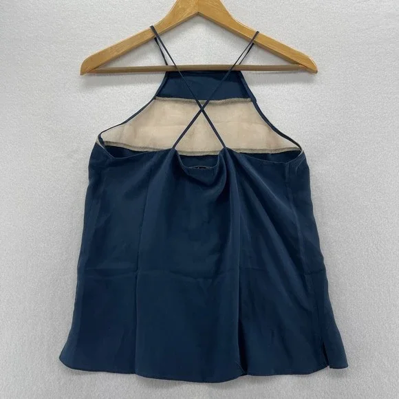 Cami NYC The High Top Cami Tank Top Size M Navy Blue Silk Cross Back Sheer Panel - Picture 4 of 8